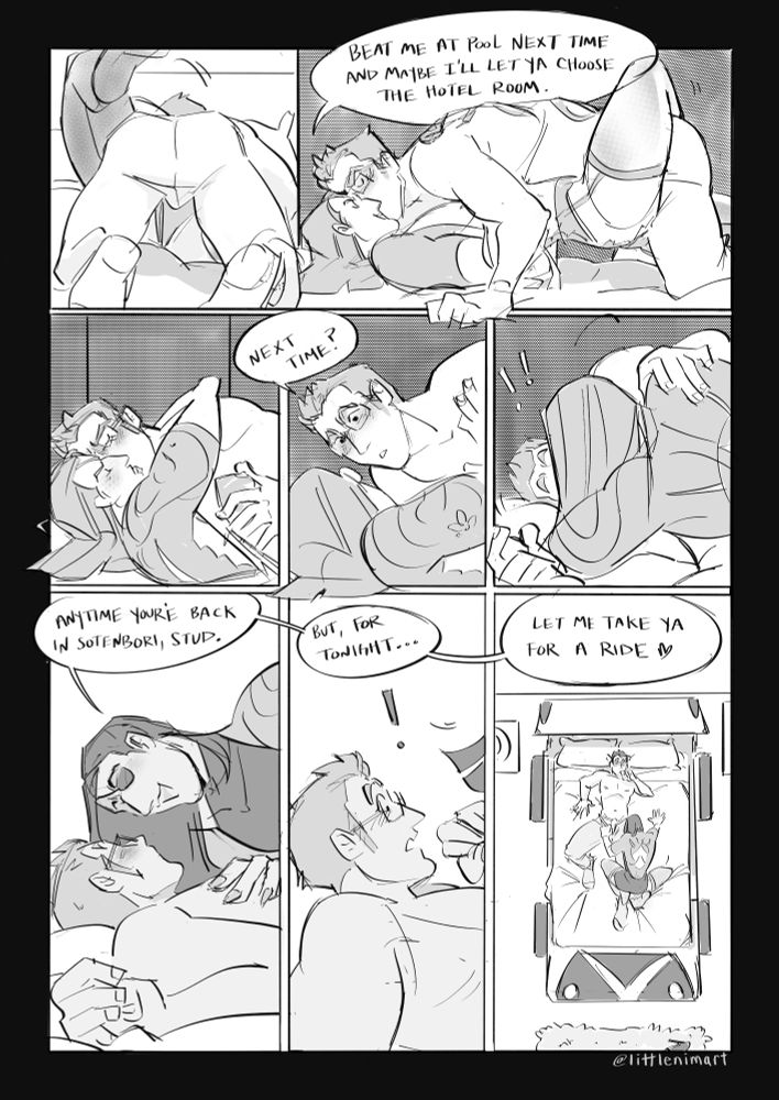 A panel of the two seen from the foot of the bed, Goromi swinging a stockinged leg up and over Kiryu's waist. Then the two seen from the side again, Goromi tightening her leg around Kiryu to press her whole body up against his, saying "Beat me at pool next time and maybe i'll let ya choose the hotel room." She pulls him down to kiss him, before Kiryu pulls his head back to ask, hopefully, "Next time?". Goromi pushes up on her side to flip them over until their positions are reversed and she's hovering over Kiryu. As she slides down and out of frame, she says "Anytime you're back in Sotenbori, stud. But, for tonight... Let me take ya for a ride." The final part of the dialogue appears over the final panel, a view from the ceiling of the whole bed with the two of them on it, Kiryu looking shy and a bit unprepared as Goromi begins to tug at his pants. End of comic.