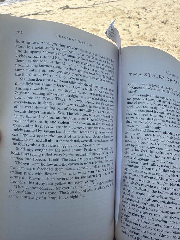 “The brief glow fell upon a huge siting figure, still and solemn as the great stone kings of Argonath. The years had gnawed it, and violent hands had maimed it. Its head was gone, and in its place was set in mockery a round rough-hewn stone, rudely painted by savage hands in the likeness of a grinning face with one large red eye in the midst of its forehead. Upon its knees and mighty chair, and all about the pedestal, were idle scrawls mixed with the foul symbols that the maggot-folk of Mordor used.
Suddenly, caught by the level beams, Frodo saw the old kings head: it was lying rolled away by the roadside.
'Look, Sam!' he cried,
startled into speech. 'Look! The king has got a crown again!' The eyes were hollow and the carven beard was broken, but about the high stern forehead there was a coronal of silver and gold. A trailing plant with flowers like small white stars had bound itself across the brows as if in reverence for the fallen king, and in the crevices of his stony hair yellow stonecrop gleamed.
'They cannot conquer for ever!' said Frodo. And then suddenly the brief glimpse was gone. The Sun dipped and vanished, and as if at the shuttering of a lamp, black night fell.” The Lord of the Rings