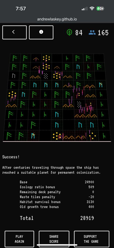 End screen from my game showing the final game board and score. My final score for today’s game was 28,919. I think I got a good boost (3,130 points) from the “Habitat survival bonus” which is from keeping habitat tiles alive for most of the game.