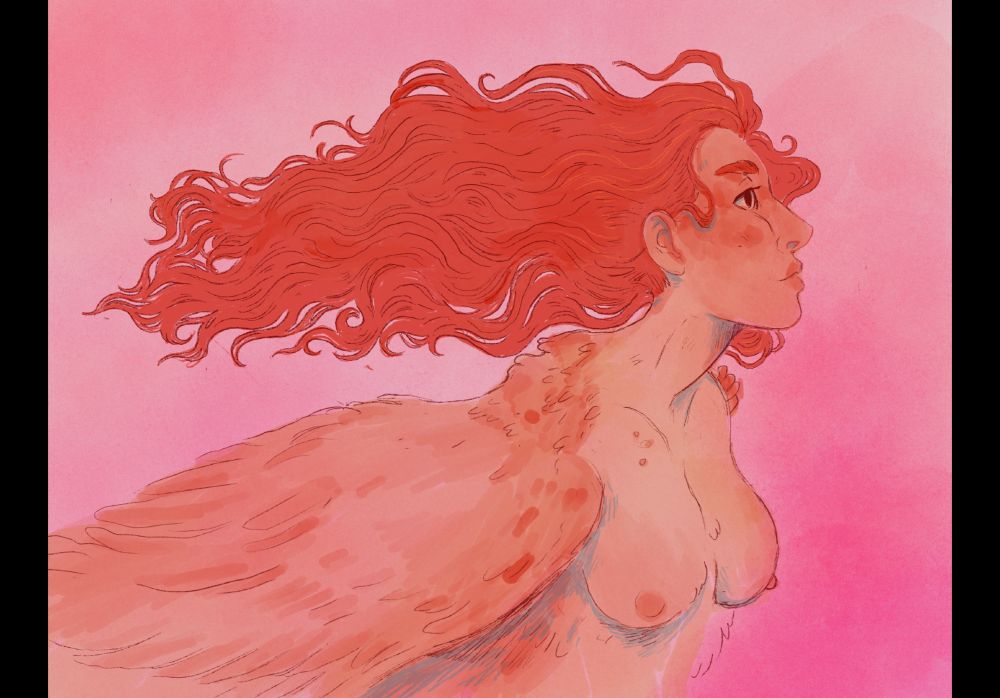 A red headed harpy with her tits out. Hair flying behind her.