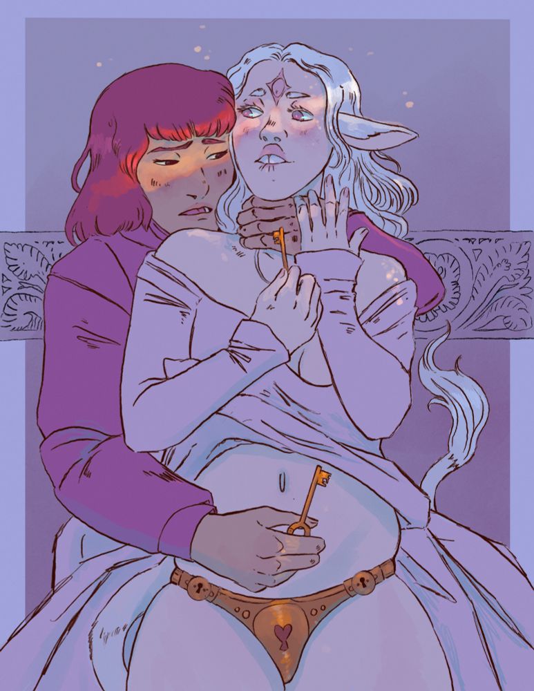 A human unicorn in a chastity belt, being held onto by longingly by a genderless knight.