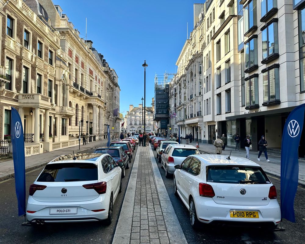 Volkswagen Polo 50th anniversary display at the St James’s Motoring Spectacle, 1 November 2025.