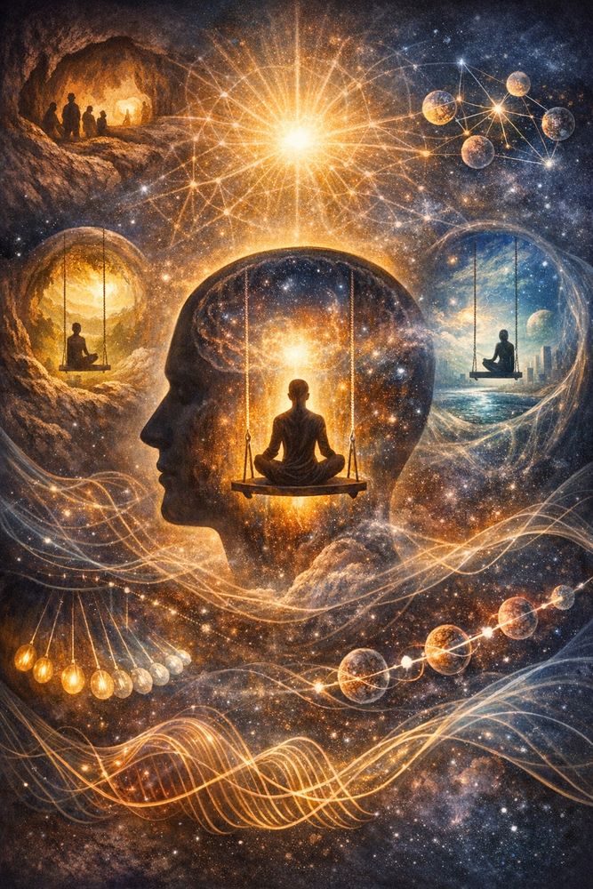 Bildbeschreibung (Deutsch)
Symbolische Darstellung der Ontologie der Schwingung
Das Bild visualisiert eine erkenntnistheoretische Perspektive, in der Realität als hochdimensionales Schwingungsfeld und der Mensch als begrenzter Beobachter dargestellt wird. Im Zentrum steht die Silhouette eines menschlichen Kopfes, der nicht als biologisches Objekt, sondern als Resonanz-raum interpretiert wird. Im Inneren des Kopfes befindet sich eine sitzende, kontemplative Figur auf einer Schaukel. Diese Schaukel symbolisiert ein geschlossenes, schwingendes Subsystem, in dem Bewusstsein, Zeit und Identität temporär stabilisiert sind.
Um den Kopf herum erstreckt sich ein kosmisches Feld aus Wellen, Lichtbahnen und punktförmigen Strukturen. Diese stehen für ein kontinuierliches, hochfrequentes Schwingungsfeld, das die Grenzen individueller Wahrnehmung überschreitet. Die feinen, netzartigen Verbindungen deuten auf Korrelationen und Kopplungen innerhalb dieses Feldes hin, nicht auf lineare Kausalität.🖖