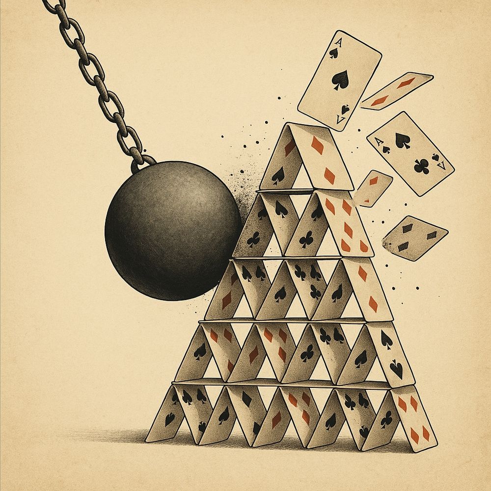 Wissenschaftliche Bild-
beschreibung (Deutsch)
Das Bild zeigt eine metaphorische Darstellung systemischer Lebenszyklen anhand einer physika-lisch-technischen Symbolik. Eine massive Metall-kugel, aufgehängt an einer schweren Kette, trifft auf ein sorgfältig konstruiertes Kartenhaus. Die Kugel repräsentiert die akkumulierte Komplexitat, Bürokratisierung und strukturelle Trägheit eines Systems, das im Zeitverlauf seine Anpassungsfähigkeit verliert. Das Kartenhaus symbolisiert die fragile Stabilität administrativ überregulierter Strukturen, deren innere Kohärenz nur noch formal, nicht mehr funktional ist.
Der Moment des Aufpralls visualisiert die kritische Phase des Systemkollapses: Die außere Dynamik (Innovation, Marktveränderung, exogene Schocks) trifft auf ein maximal erstarrtes System. Die auseinanderfliegenden Karten stehen für das plötzliche Entkoppeln der Systemelemente, wenn die überadministrierte Ordnung ihre strukturelle Tragfähigkeit verliert. Die Szene illustriert somit den vollständigen Zyklus aus Entstehung, Stabilisierung, Überadministration und Zusammenbruch - ein Modell systemischer Evolution, wie es von Schumpeter, Luhmann oder Tainter theoretisch beschrieben, hier jedoch visuell konzentriert dargestellt wird.🖖