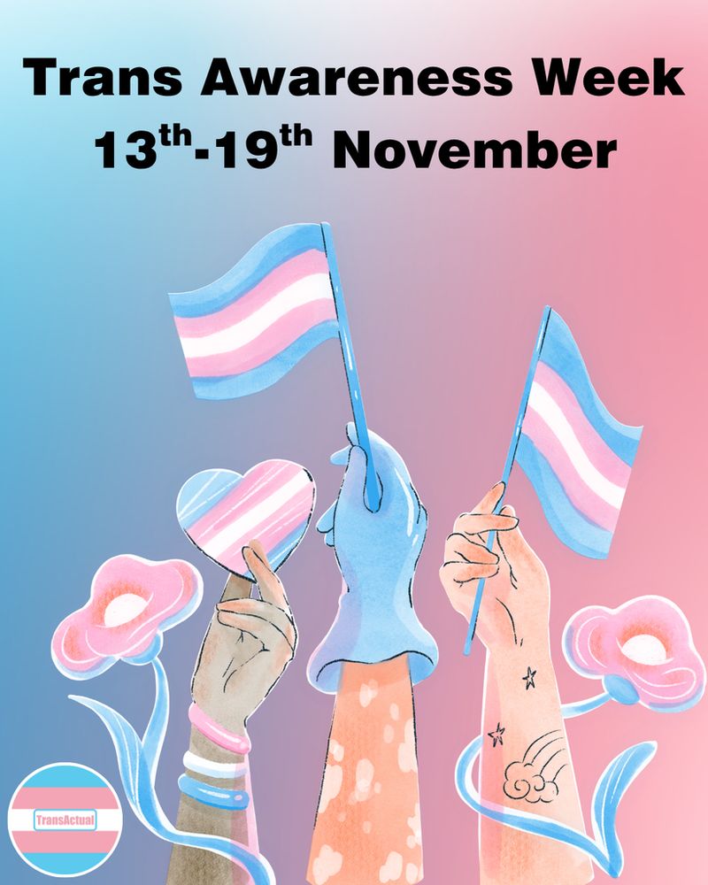 Das Bild zeigt eine stilisierte Darstellung von drei Armen, die jeweils die blau-rosa-weiße Transgender-Flagge oder ein Herz in denselben Farben halten. Die Arme sind bewusst divers gestaltet: unterschiedliche Hauttöne, ein Arm mit Vitiligo, einer mit Tätowierung, einer mit Schmuck, wodurch ein Spektrum menschlicher Identität sichtbar wird. Die Farbgebung des Hintergrunds ist ein sanfter Verlauf von Blau zu Rosa, der die traditionellen binären Geschlechtszuschreibungen symbolisiert und zugleich deren Auflösung in ein fließendes Kontinuum anzeigt. Um die Hände wachsen abstrahierte Blumen, die als Metapher für kulturelle Entwicklung, Bewusstseinswachstum und die natürliche Vielfalt menschlicher Ausdrucks-formen verstanden werden können. Die Komposition visualisiert damit zentrale Themen der Trans Awareness Week: Sichtbarkeit, Anerkennung, die wissenschaftlich belegte Spektrum-Natur von Geschlecht und die Notwendigkeit einer inklusiven, kultur- und bildungssensitiven Gesellschaft.🖖
