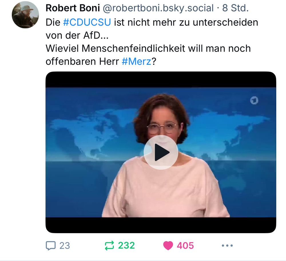Robert Boni @robertboni.bsky.social • 8 Std.
Die #CDUCSU ist nicht mehr zu unterscheiden
von der AfD...
Wieviel Menschenfeindlichkeit will man noch offenbaren Herr #Merz?🖖