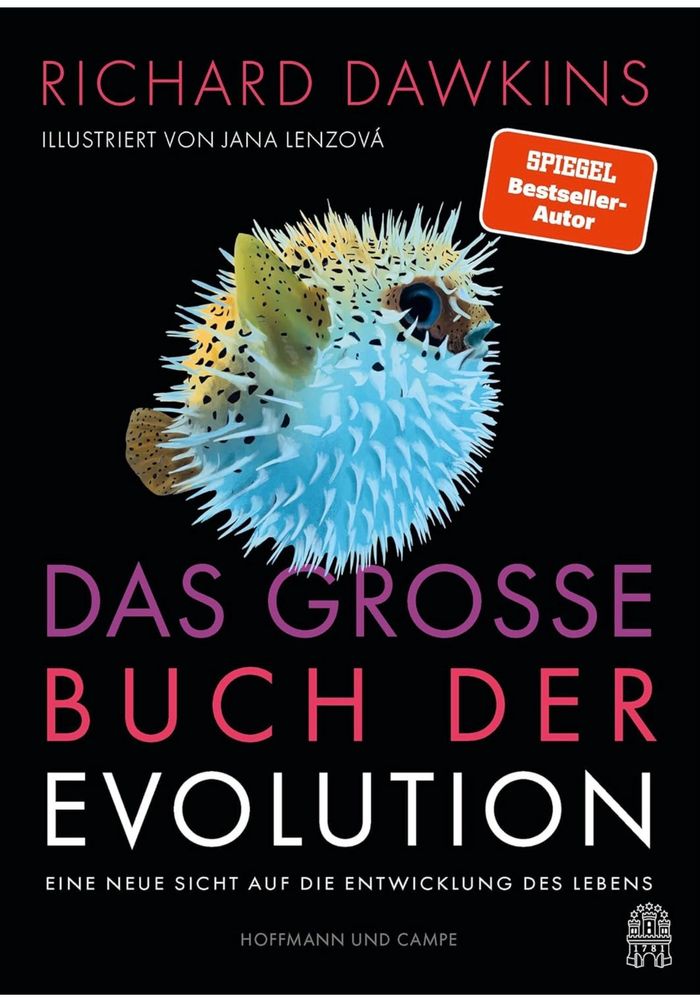 Bildbeschreibung (Deutsch)
Das Bild zeigt das Buchcover von „Das große Buch der Evolution" von Richard Dawkins. Zentral prangt die farbintensive, hyperrealistische Darstellung eines Kugelfischs, dessen leuchtend blaue, gelbe und weiße Stacheln wie ein pulsierendes Energieobjekt wirken - ein Symbol für biologische Anpassung, genetische Geschichte und das tiefe Schwingungs-muster des Lebens. Der schwarze Hintergrund verstärkt den Kontrast und lenkt den Fokus auf die Form, Struktur und Farbigkeit des Organismus. Die typografisch klar gesetzten Titel in Magenta und Weiß vermitteln wissenschaftliche Präzision und moderne Lesbarkeit. Das gesamte Cover wirkt wie eine Einladung, Evolution nicht nur als historischen Prozess, sondern als vibrierendes, fortlaufend codiertes Feld des Lebens zu verstehen.🖖