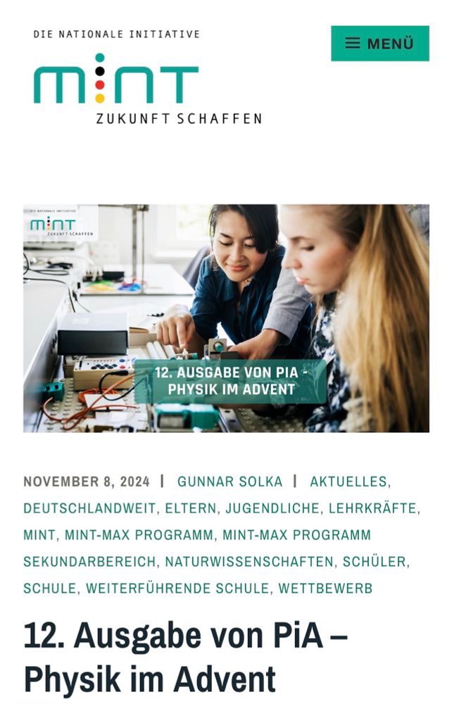 DIE NATIONALE INITIATIVE
MinT
ZUKUNFT SCHAFFEN
= MENU
MinT
12. AUSGABE VON PIA - PHYSIK IM ADVENT
NOVEMBER 8, 2024 | GUNNAR SOLKA | AKTUELLES, DEUTSCHLANDWEIT, ELTERN, JUGENDLICHE, LEHRKRÄFTE, MINT, MINT-MAX PROGRAMM, MINT-MAX PROGRAMM SEKUNDARBEREICH, NATURWISSENSCHAFTEN, SCHÜLER, SCHULE, WEITERFUHRENDE SCHULE, WETTBEWERB
12. Ausgabe von PiA - Physik im Advent🖖