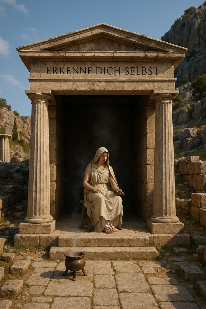 Bildbeschreibung (Deutsch, wissenschaftlich)
Die Darstellung zeigt eine rekonstruktive 3D-Inter-pretation des Eingangsbereichs des antiken Orakels von Delphi. Das Portal ist im dorischen Baustil ausgeführt, mit zwei kannelierten Säulen, einem massiven Architrav und einem dreieckigen Giebel.
Über dem Architrav steht die Inschrift „ERKENNE DICH SELBST", der berühmte delphische Imperativ.
Im Inneren des kleinen Tempelraumes sitzt eine priesterliche Gestalt - symbolisch für die Pythia, die Orakelgeberin - in ruhiger, meditativer Haltung. Vor dem Portal steigt Rauch aus einem bronzenen Drei-fußgefäß auf, eine Anspielung auf die historischen Beschreibungen der pneumatologischen Dämpfe.
Die Szenerie ist eingebettet in die Felslandschaft des Parnass-Gebirges.🖖