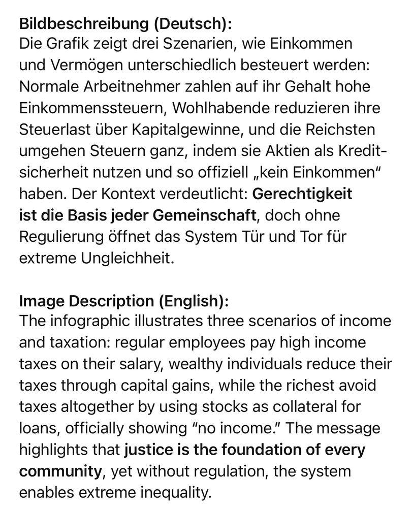 Bildbeschreibung (Deutsch): Die Grafik zeigt drei Szenarien, wie Einkommen und Vermögen unterschiedlich besteuert werden: Normale Arbeitnehmer zahlen auf ihr Gehalt hohe Einkommenssteuern, Wohlhabende reduzieren ihre Steuerlast über Kapitalgewinne, und die Reichsten umgehen Steuern ganz, indem sie Aktien als Kredit-sicherheit nutzen und so offiziell „kein Einkommen