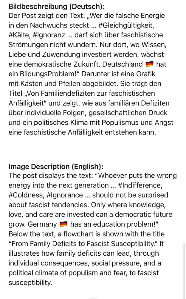 Bildbeschreibung (Deutsch): Der Post zeigt den Text: „Wer die falsche Energie in den Nachwuchs steckt ... #Gleichgültigkeit, #Kälte, #Ignoranz ... darf sich über faschistische Strömungen nicht wundern. Nur dort, wo Wissen, Liebe und Zuwendung investiert werden, wächst eine demokratische Zukunft. Deutschland hat ein BildungsProblem!