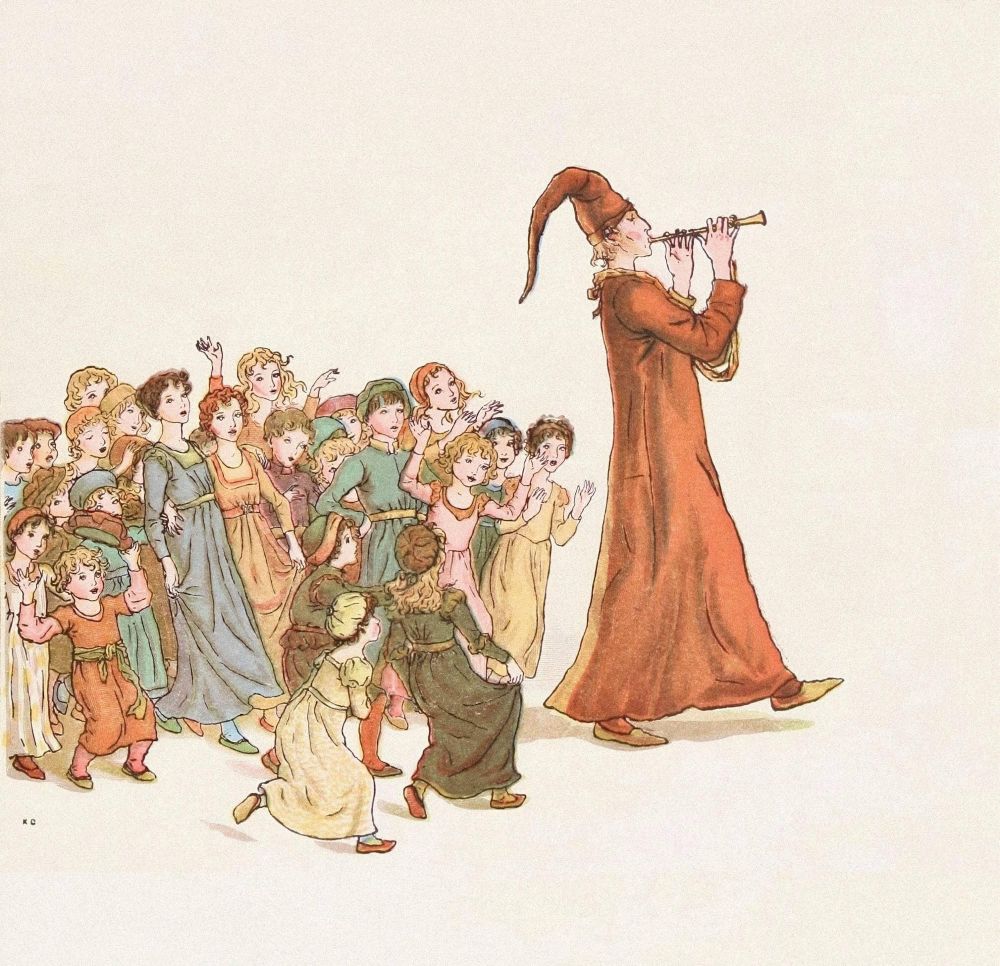 Bildbeschreibung (Deutsch)
Das Bild zeigt eine historische Illustration des Rattenfängers von Hameln: Ein Mann in einem langen roten Gewand und spitzer Kappe spielt eine Flöte, während ihm eine Gruppe von Kindern folgt.
Die Szene wirkt zugleich märchenhaft und beunruhigend - eine stille Allegorie über Verführung, Resonanz und den Verlust von Unschuld durch klangliche Manipulation.
Image Description (English)
The image depicts a historical illustration of the Pied Piper of Hamelin: a man dressed in a long red robe and pointed hat playing a flute, followed by a group of children. The scene feels both fairy-like and unsettling - a quiet allegory of seduction, resonance, and the loss of innocence through sonic manipulation.🖖