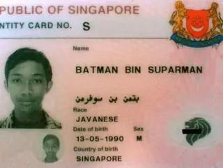 Singaporean I.D. card belonging to a man named Batman Bin Suparman