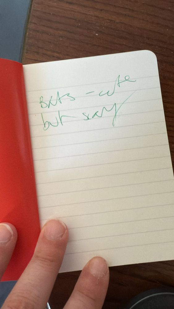 An open notebook page on which the words "Bats - cute but scary" are scrawled in the messy and borderline unreadable scrawl of the mostly asleep.