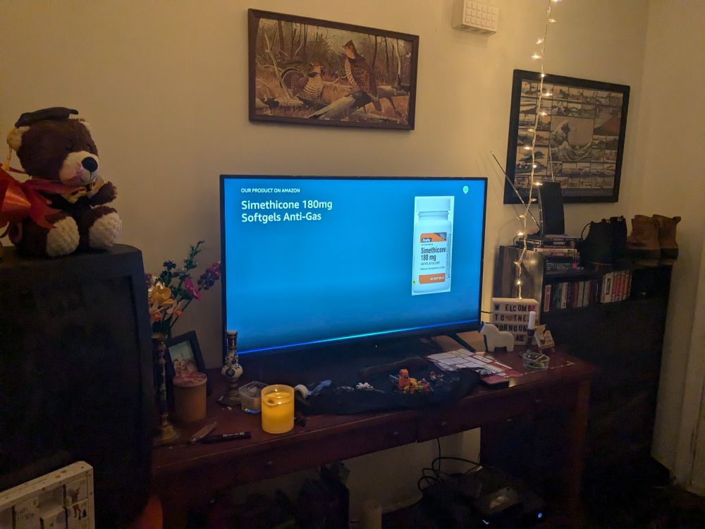 A Fire tv showing a screen with anti fart pills