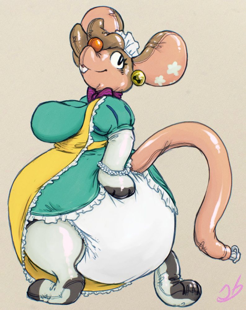 Seen partly from the rear the inflatable mouse maid shows off their cushy diapered rear with stocking patterned bappy paw on it. Gentle glossy and with a nozzle on their tail tip, a light wrinkled scrunched up view of it's paw sole and just a soft demeanor emanates from their entire form. Little frills, lace and bows with a good amount of well shaped seams.~