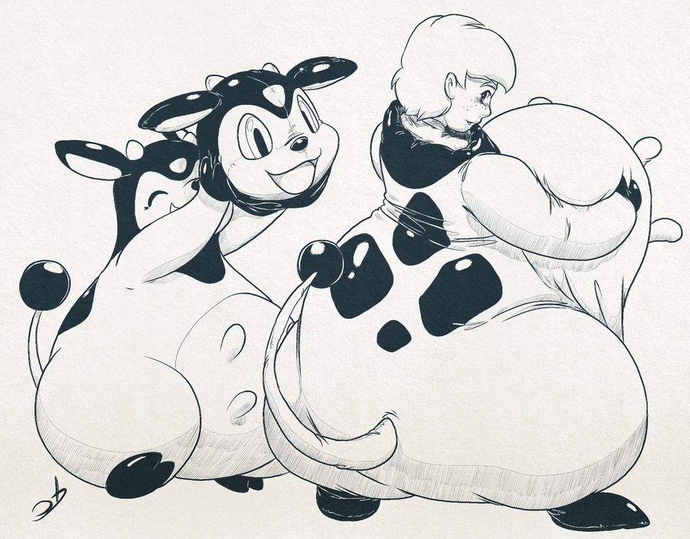 A Miltank holding up a Miltank suit head towards a human who is suiting in a Miltank plush/rubber suit. The suiting human is seen from the back, seen lifting the udder belly up.