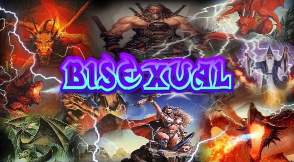 Image of the word "BISEXUAL" surrounded by badass images of dragons, wizards, and barbarians with big muscles