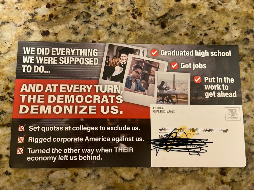 Campaign mailer from a pro trump pac playing at white grievance.
