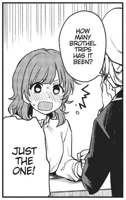 manga panel of two women talking, the one facing away from the viewer says 