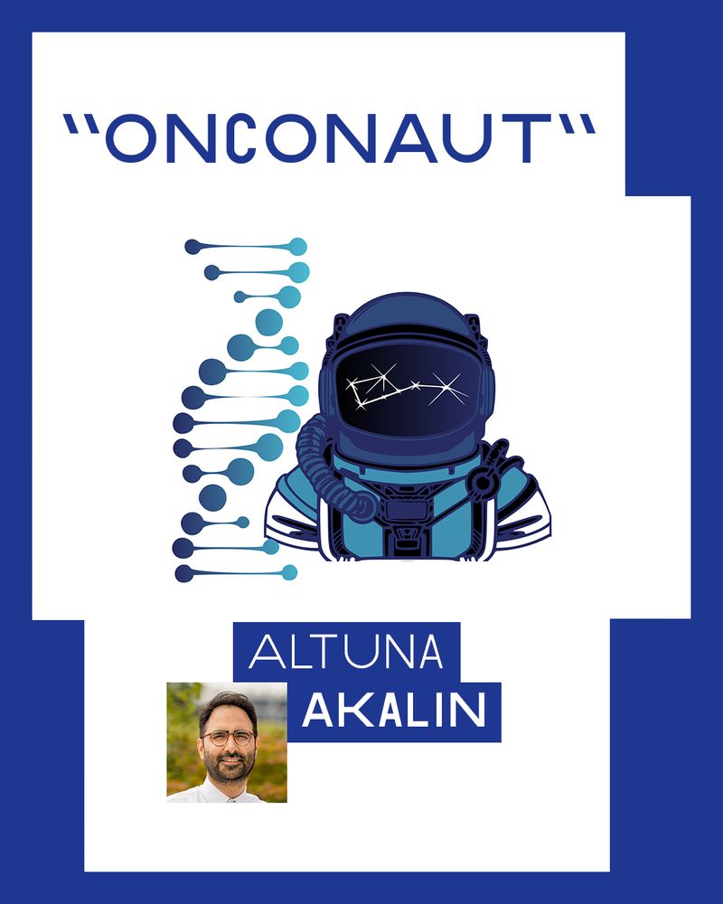 Graphic with text: The title "ONCONAUT" is at the top, featuring an illustration of a space helmet with a DNA strand in the background [icon of the "onconaut.ai" program]. Below, the text reads 'ALTUNA AKALIN' with a small portrait of a person [Altuna Akalin] in the bottom left corner.