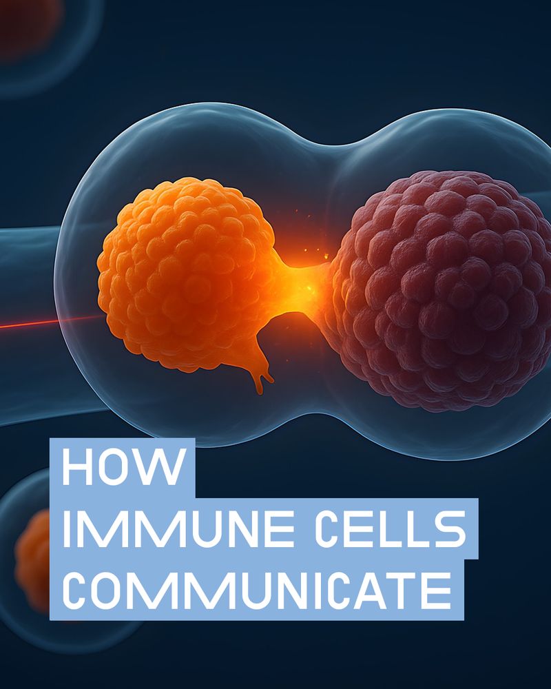 Two immune cells interacting with glowing connection, illustrating cell communication.