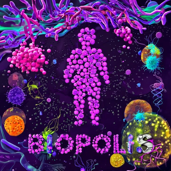Biopolis podcast cover art with stylized microbes and a figure made of cells.