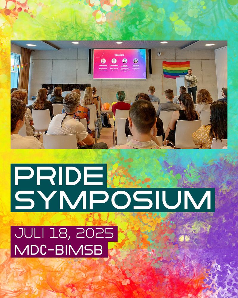 Graphic with photo and text: The top half features a photo of a speaker addressing a seated audience in a modern room, with a rainbow Pride flag on the wall and a screen displaying speaker info. The background is framed with a vibrant rainbow-colored marbled design. Overlaid white sans-serif text appears in dark green and magenta text boxes in the lower half, reading “PRIDE SYMPOSIUM” and “JULI 18, 2025 MDC-BIMSB.”