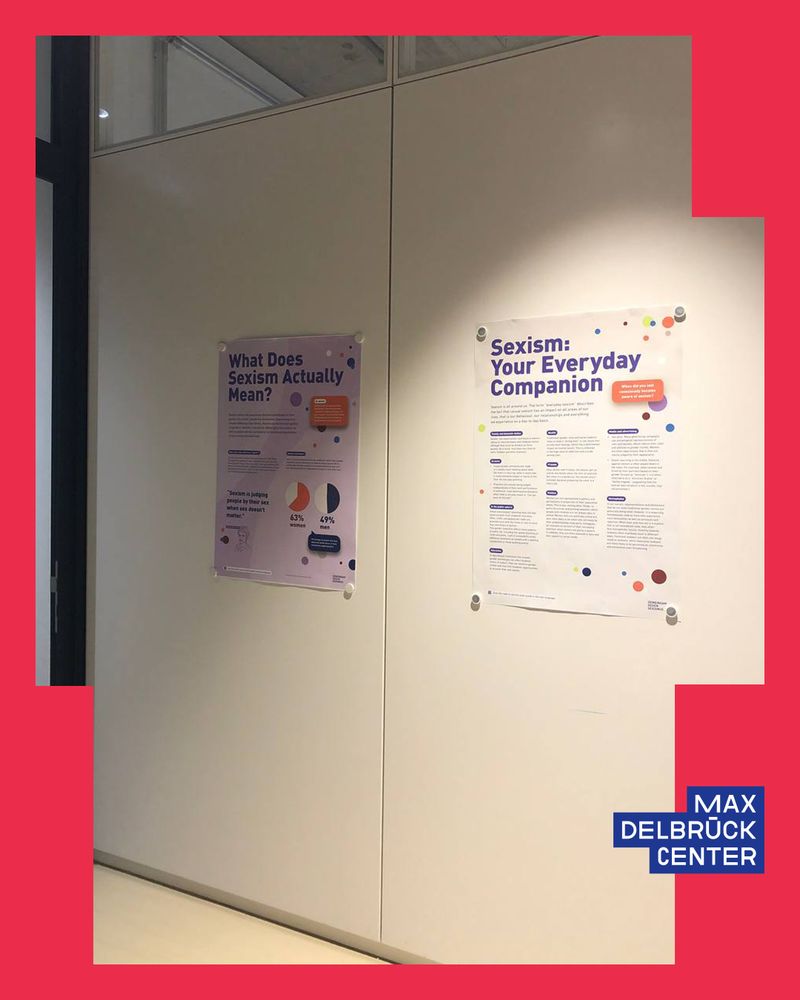 Posters explaining what sexism is and how it appears in everyday life, displayed on a hallway wall.