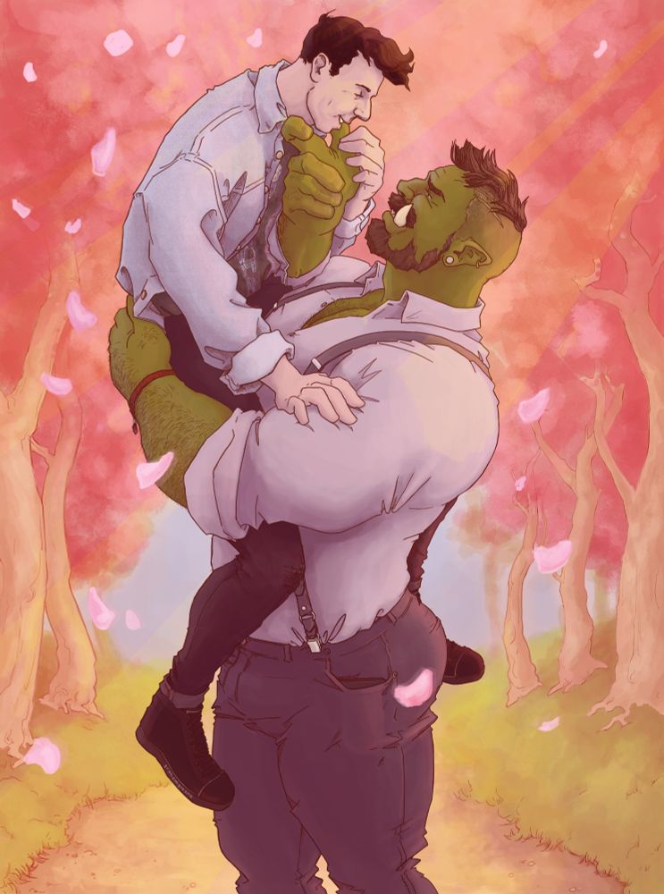 Colored drawing of a spring-time scene in a cherry-orchard, with pink petals and light all around. Standing in the middle of the image is a huge and muscular half-orc, dressed in a tight shirt, even tighter jeans, and suspenders, lifting up his much smaller human boyfriend with one hand, while the other is caressing his boyfriend's chin.
