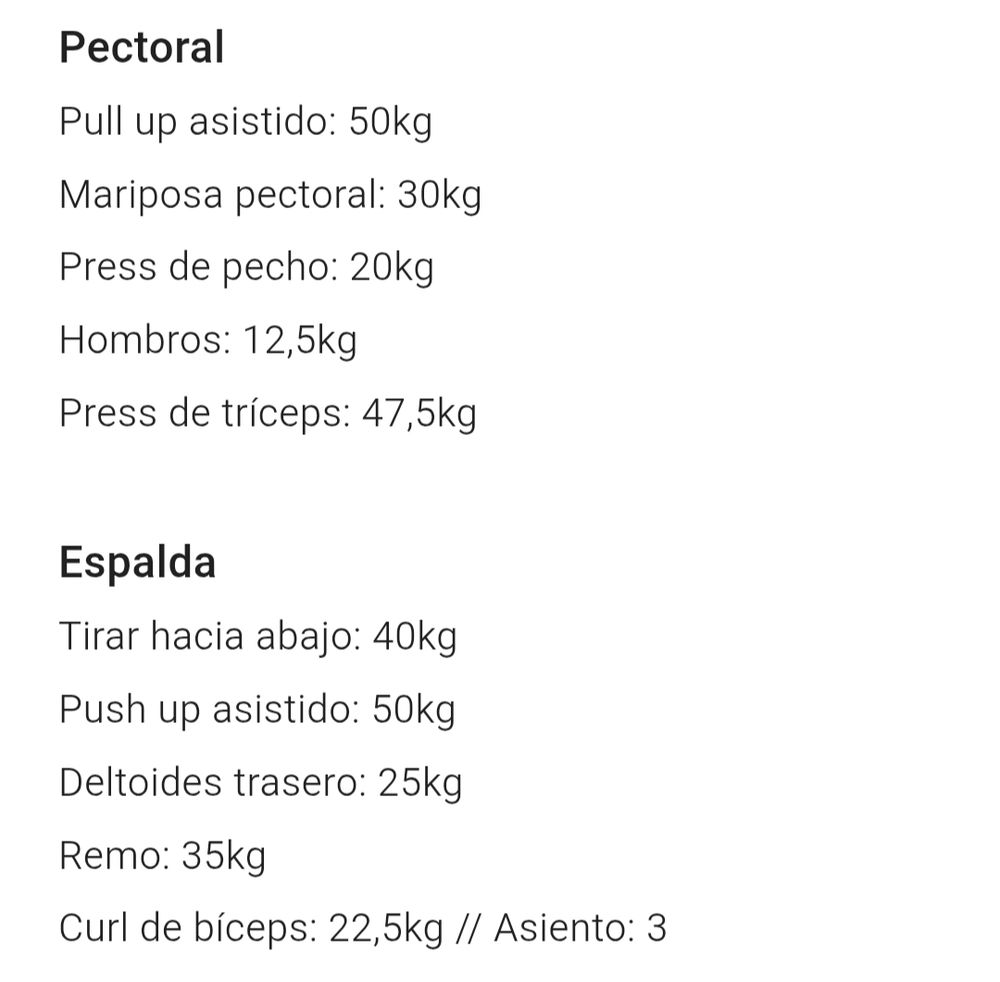 Pectoral
Pull up asistido: 50kg
Mariposa pectoral: 30kg
Press de pecho: 20kg
Hombros: 12,5kg
Press de tríceps: 47,5kg

Espalda
Tirar hacia abajo: 40kg
Push up asistido: 50kg
Deltoides trasero: 25kg
Remo: 35kg
Curl de bíceps: 22,5kg // Asiento: 3