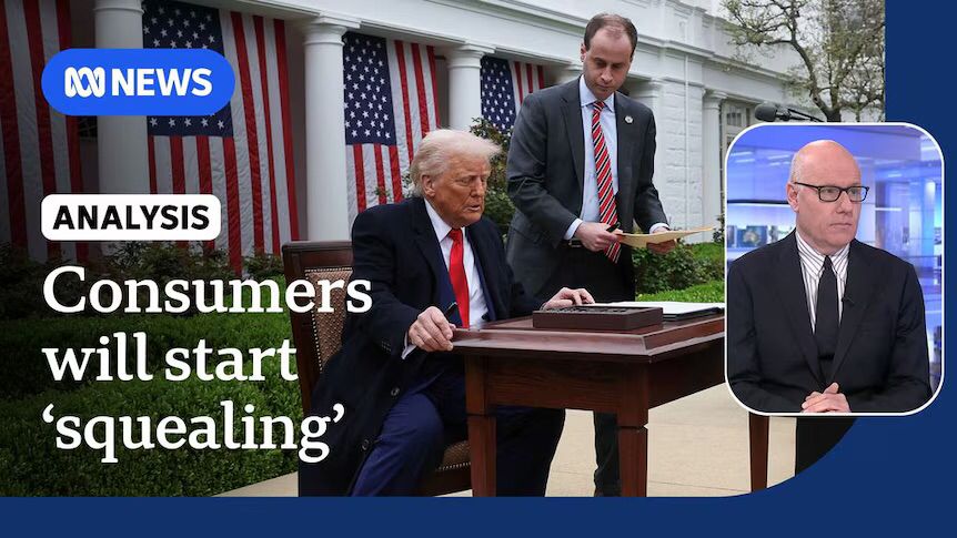 a screenshot from abc news (the australian one) featuring the u.s. president pretending to sign things. headline: Consumers will start 'squealing'