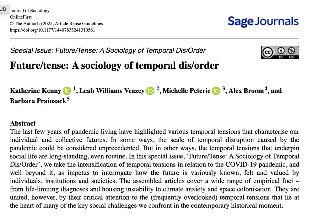 Screenshot of the title and abstract of a journal article entitled "Future/tense: A sociology of temporal dis/order." Authors are Katherine Kenny, Leah Williams Veazey, Michelle Peterie, Alex Broom and Barbara Prainsack