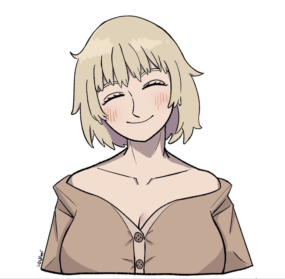 Falin form Dungeon meshi gently smiling at the camera.