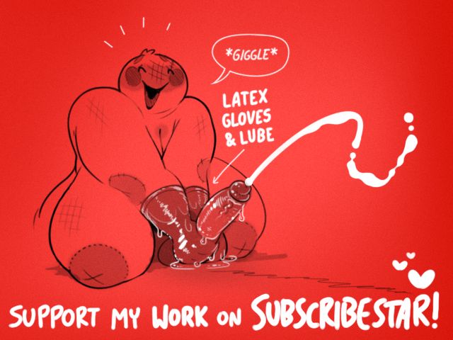 sketch of molly ann the laundry golem in rubber gloves, giving a lube-y handjob to an ejaculating cock, and giggling sweetly. text:
molly ann: *giggle!*
arrow pointing to hands: latex gloves & lube
note: support my work on SUBSCRIBESTAR!