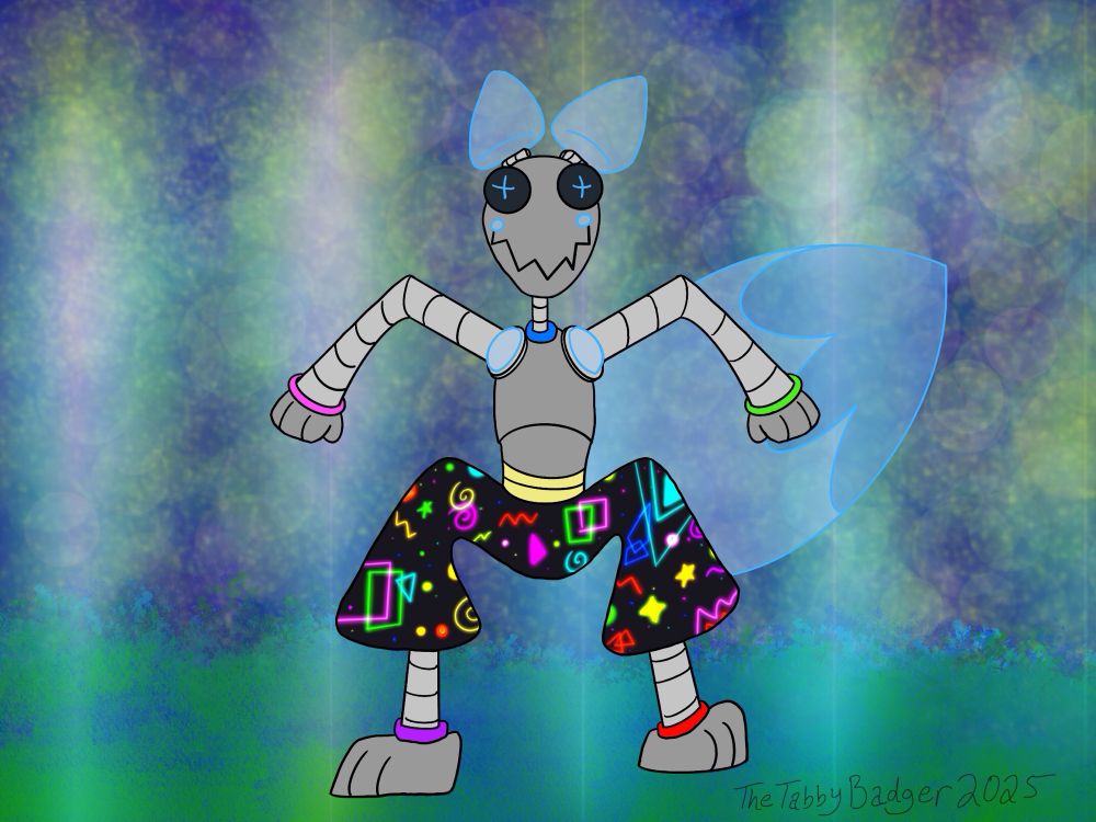 A grey robot bipedal fox with clear blue plastic ears and tail. They are in a dancing squat position and they are wearing black pants with bright neon color shapes like you might see on a bowling alley carpet. 