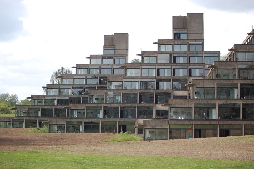 The glass and concrete ziggurat student housing at the University of East Anglia, Norfolk.