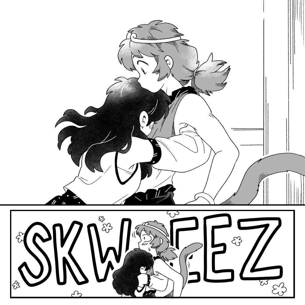 Redraw in black and white of two manga panels from Ranma 1/2 with Sanae Kochiya and Son Biten from Touhou. In the first panel, Sanae runs into Biten to hug her. In the second panel, she squeezes harder and Biten blushes.