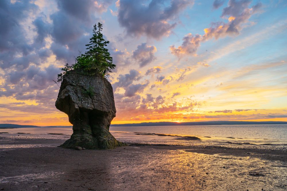 A beautiful sunrise lights up the scattered morning clouds in pastel hues over the Bay of Fundy in Hopewell, New Brunswick - Canada