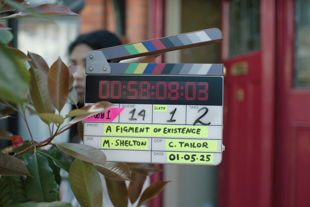 Timecode slate for “A Figment of Existence” roll 1, scene 14, slate 1, take 2. Dated 01.05.25