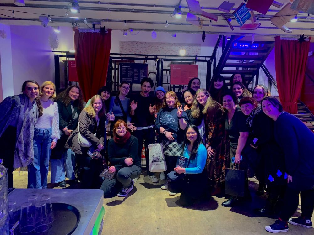 Fans of the Complete Fiction TV show Lockwood & Co. show support for one of the actors (Ali Hadji-Heshmati, centre of the group) in his new stage play Antigone [on strike] at the Park Theatre. 