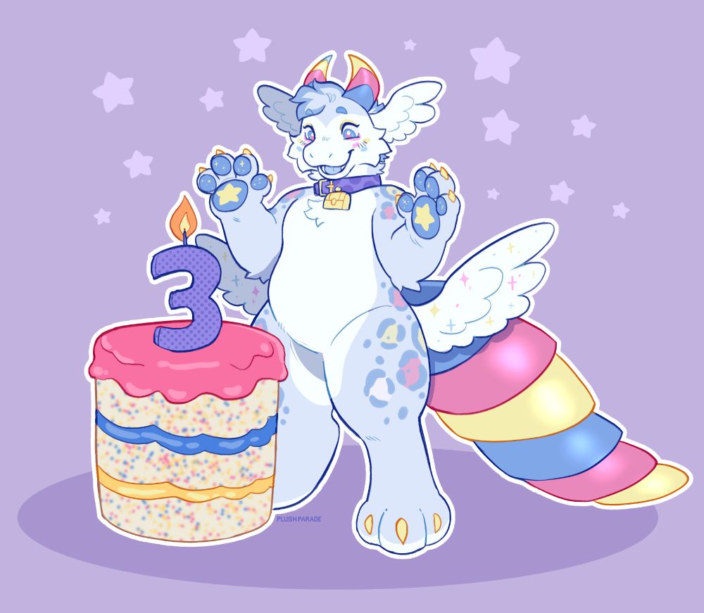 Art of my character Toybox looking surprised at a giant birthday cake. The cake is a 3-tier funfetti cake with a layer of yellow frosting and a layer of blue frosting in between. It is topped with pink frosting and a purple "3" candle.