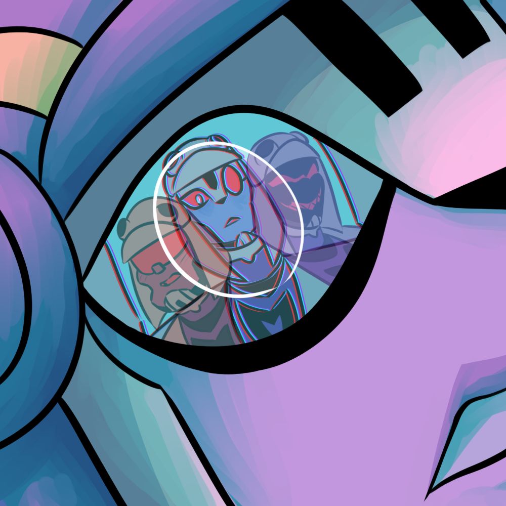 Blitzwing's three faces are reflected in Optimus' eyes.