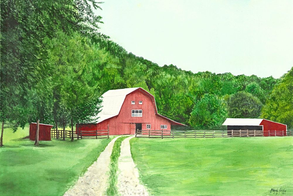 Watercolor painting of a red barn house in front of a forest. There is a brown slat fence and a couple of sheds on either side of the barn. A gravel driveway to the house cuts through a front pasture. 