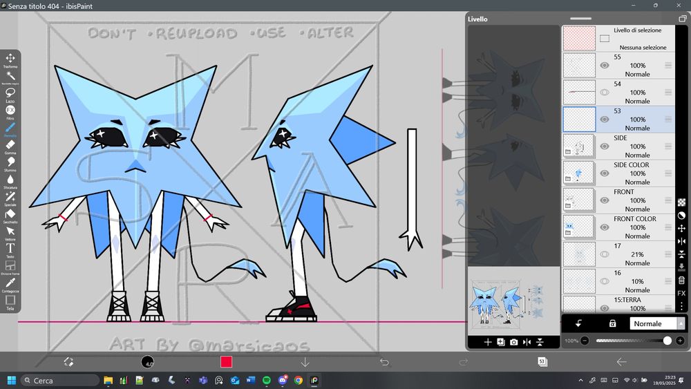 A little blue creature with a star-shaped head, little white legs and arms, black sneakers and big black eyes with a starish highlight.