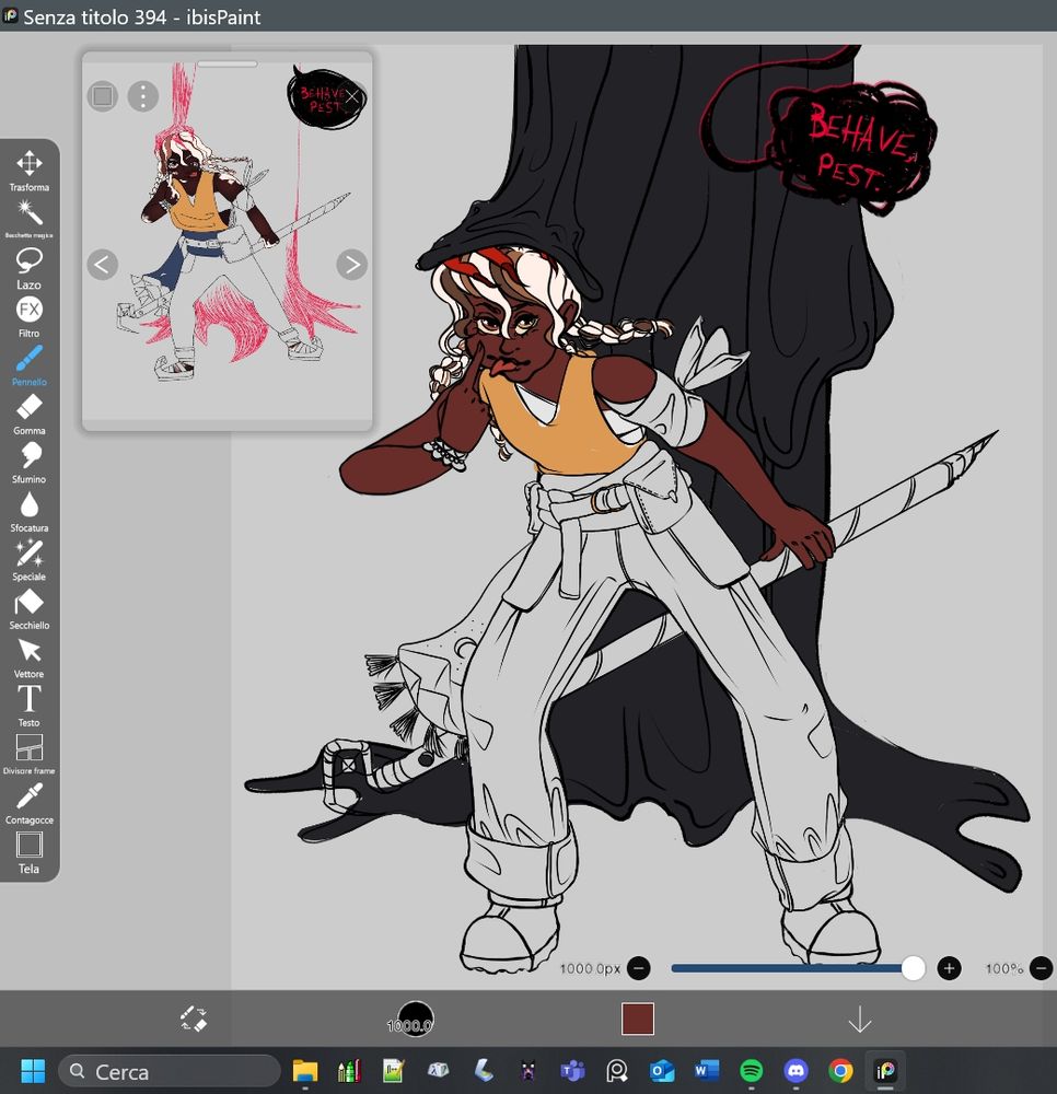 Roughly colored sketch of a character that sticks out her tongue in a playful way. Behind her, a tall and ominous figure tells her: "Behave, pest".