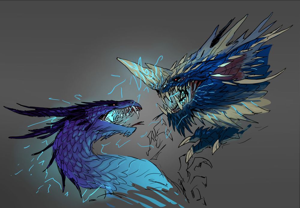two snarling blue dragons bursting with electricity with hostility. The first on the left looksslender and its tones range from light blue to dark purple, long spiraling horns pointing backwards, red eyes and a long snout. It's a Pathfinder blue dragon. The second, a dnd blue dragon, also with red flaming eyes growls at him, his snout shorter adorned with a massive white horn engraved with symbols. The electricity runs across those markings and from its mouth, his long ears sport some spikes and its underbelly and spikes are as ivory as its horn