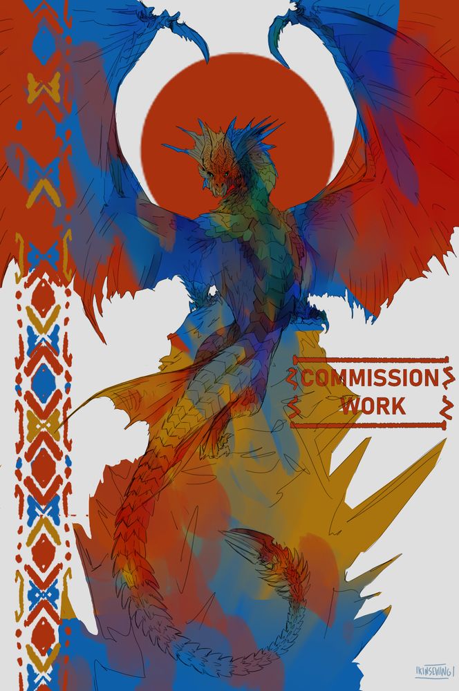 A colorful sketch on red, yellows and blues of Keden's character as a monster hunter dragon Malzheno, rising over crags and framing a red moon with his wings