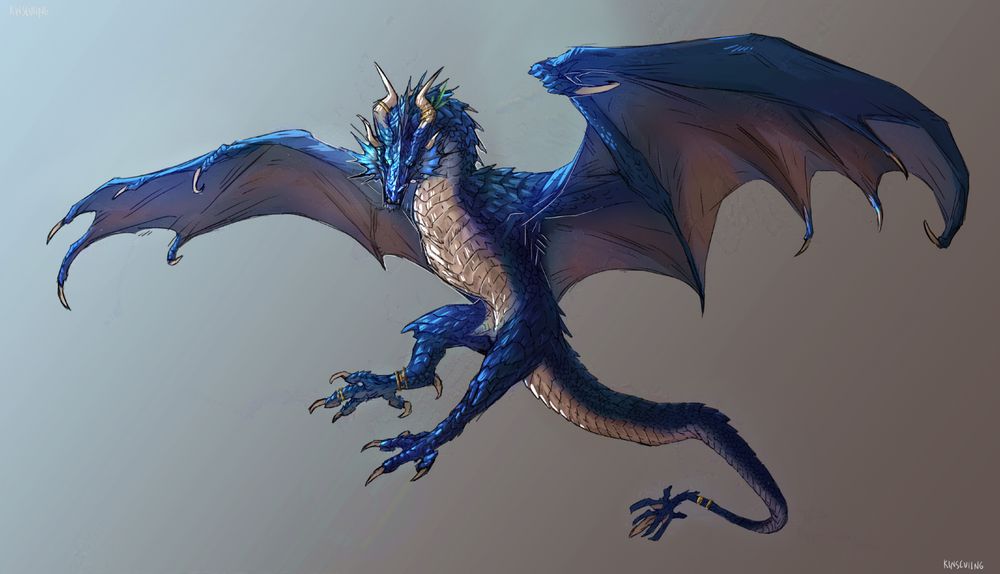 A blue and ivory/beige dragon with striking scales and a mace shaped tailtip wearing some gold adornments