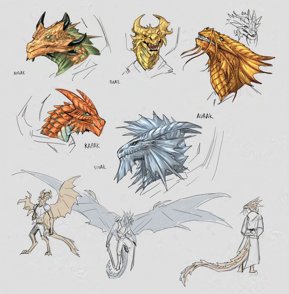 metallic draconian busts, colored, and a brass, silver and golden fullbody sketches.